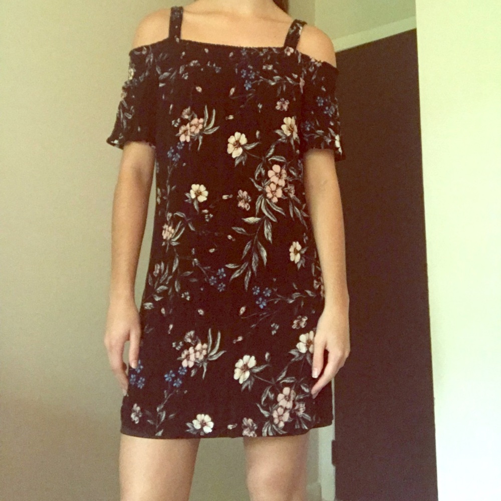 Black floral open shoulder dress